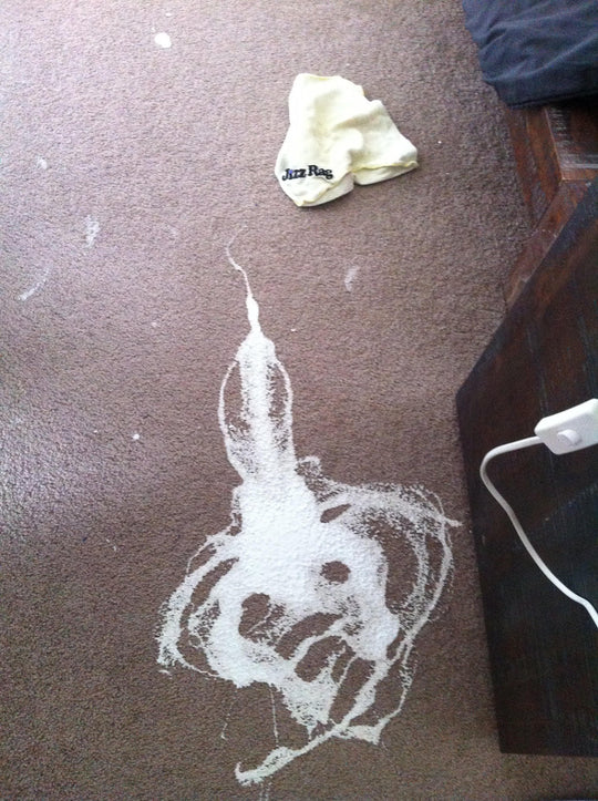 Whenever I spill paint on the carpet, I always clean it up with my JizzRag.